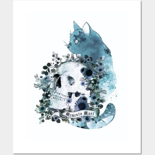 Blue cat and botanic Skull with flowers, memento mori, cat skull, witch, goth, watercolor Posters and Art